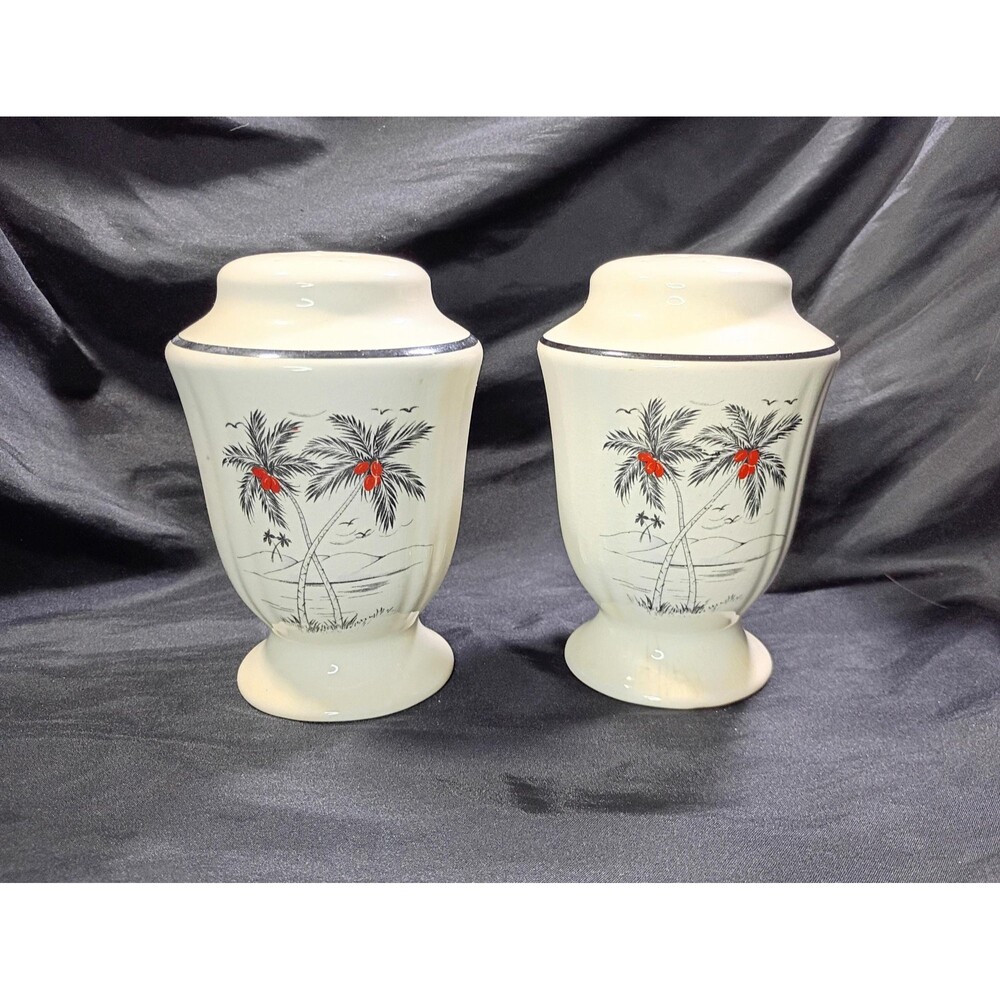 Vintage Crown Ivory China Salt and Pepper Shakers Black Palm Red Coconut